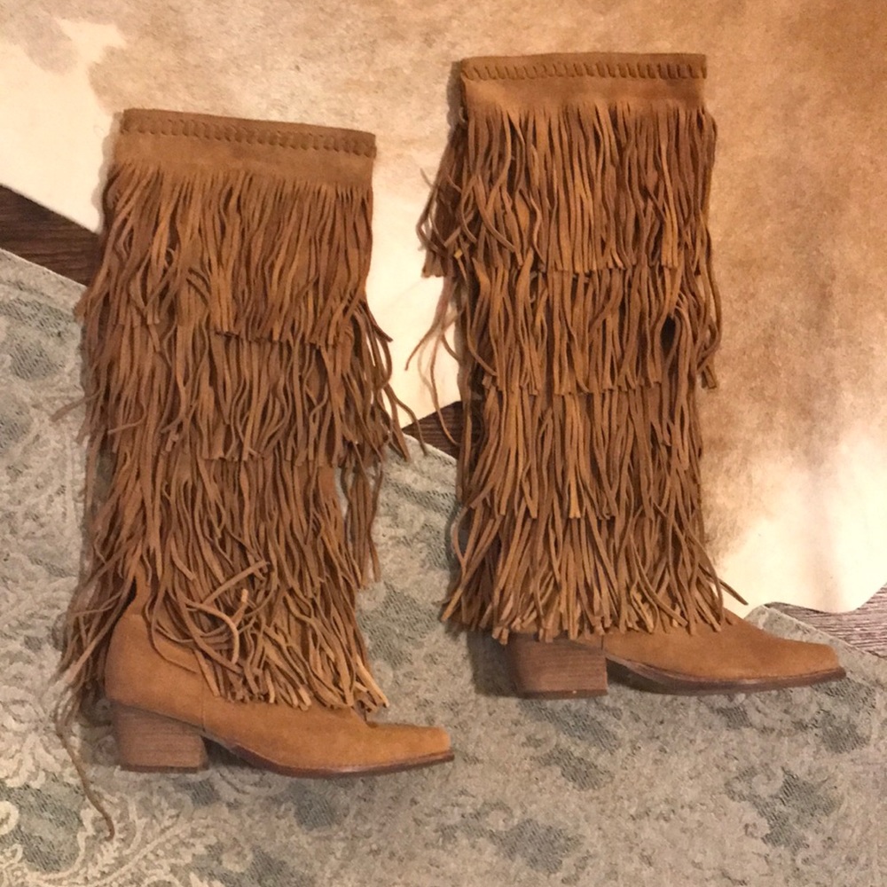 Jeffrey Campbell Tan Fringe Heeled Boots - Picture 6 of 8